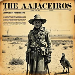 A black and white image styled like an old, vintage newspaper from 1960 depicting a cangaceiro in the arid Northeast of Brazil