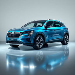 A Skoda Kamiq and a Fiat Egea merging into a seamless, futuristic hybrid car, featuring the distinctive front grille of the Skoda Kamiq blending with the sleek design features of the Fiat Egea