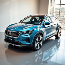 A Skoda Kamiq and a Fiat Egea merging into a seamless, futuristic hybrid car, featuring the distinctive front grille of the Skoda Kamiq blending with the sleek design features of the Fiat Egea