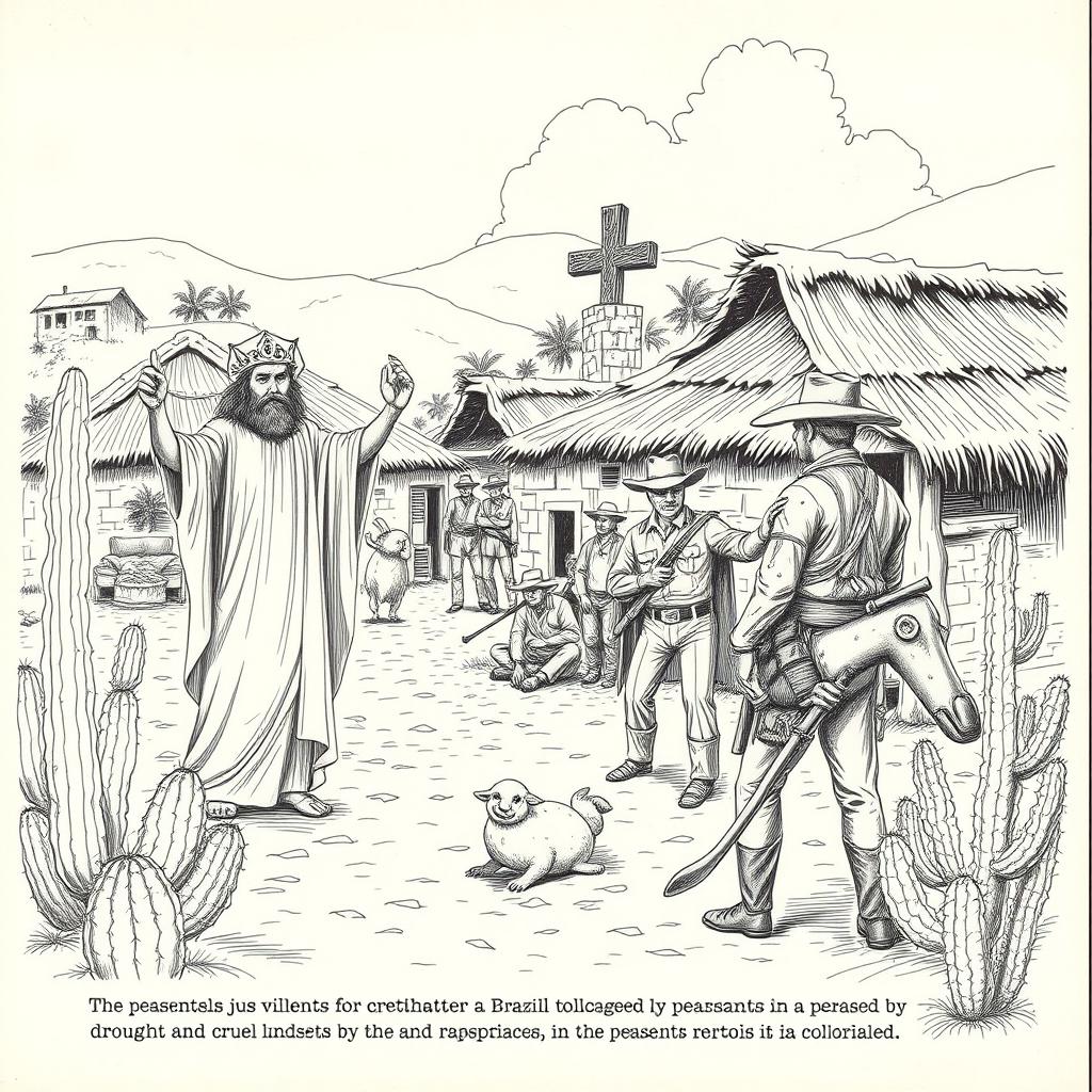 illustration of a rural northeastern Brazilian village, depicting a holy man performing miracles for peasants oppressed by drought and cruel landowners