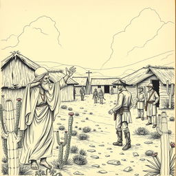 illustration of a rural northeastern Brazilian village, depicting a holy man performing miracles for peasants oppressed by drought and cruel landowners