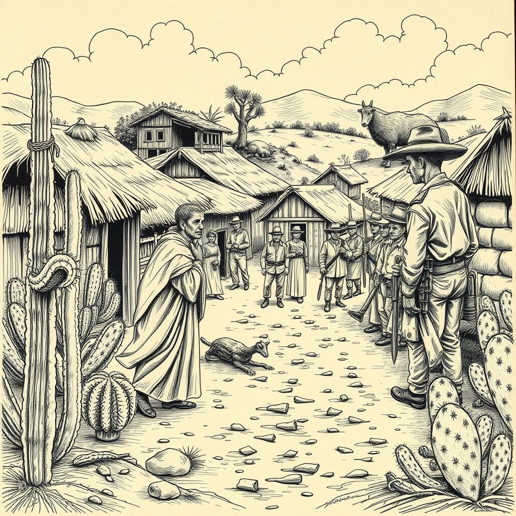 illustration of a rural northeastern Brazilian village, depicting a holy man performing miracles for peasants oppressed by drought and cruel landowners