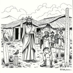 illustration of a rural northeastern Brazilian village, depicting a holy man performing miracles for peasants oppressed by drought and cruel landowners