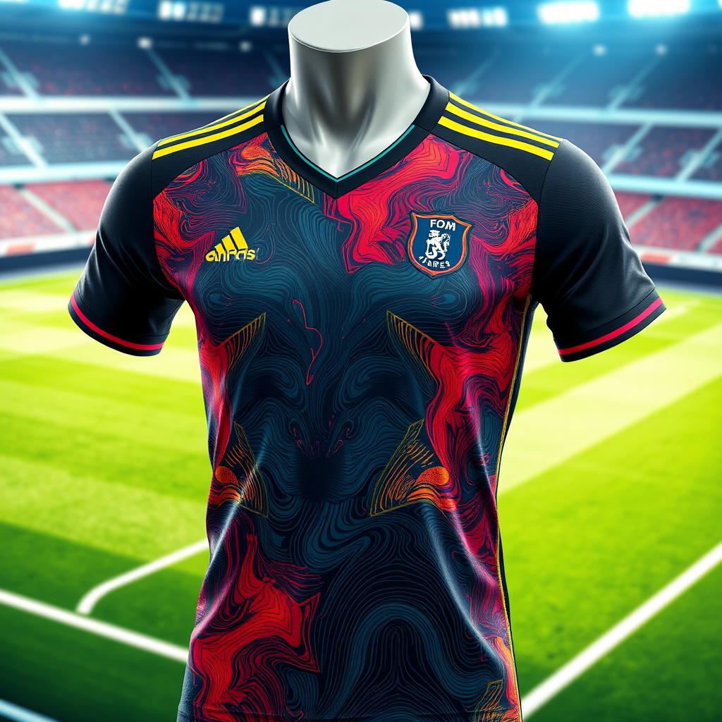 A detailed image of a modern soccer jersey design featuring a sleek, aerodynamic fit with vibrant colors