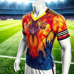 A detailed image of a modern soccer jersey design featuring a sleek, aerodynamic fit with vibrant colors