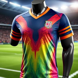 A detailed image of a modern soccer jersey design featuring a sleek, aerodynamic fit with vibrant colors