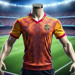 A detailed image of a modern soccer jersey design featuring a sleek, aerodynamic fit with vibrant colors