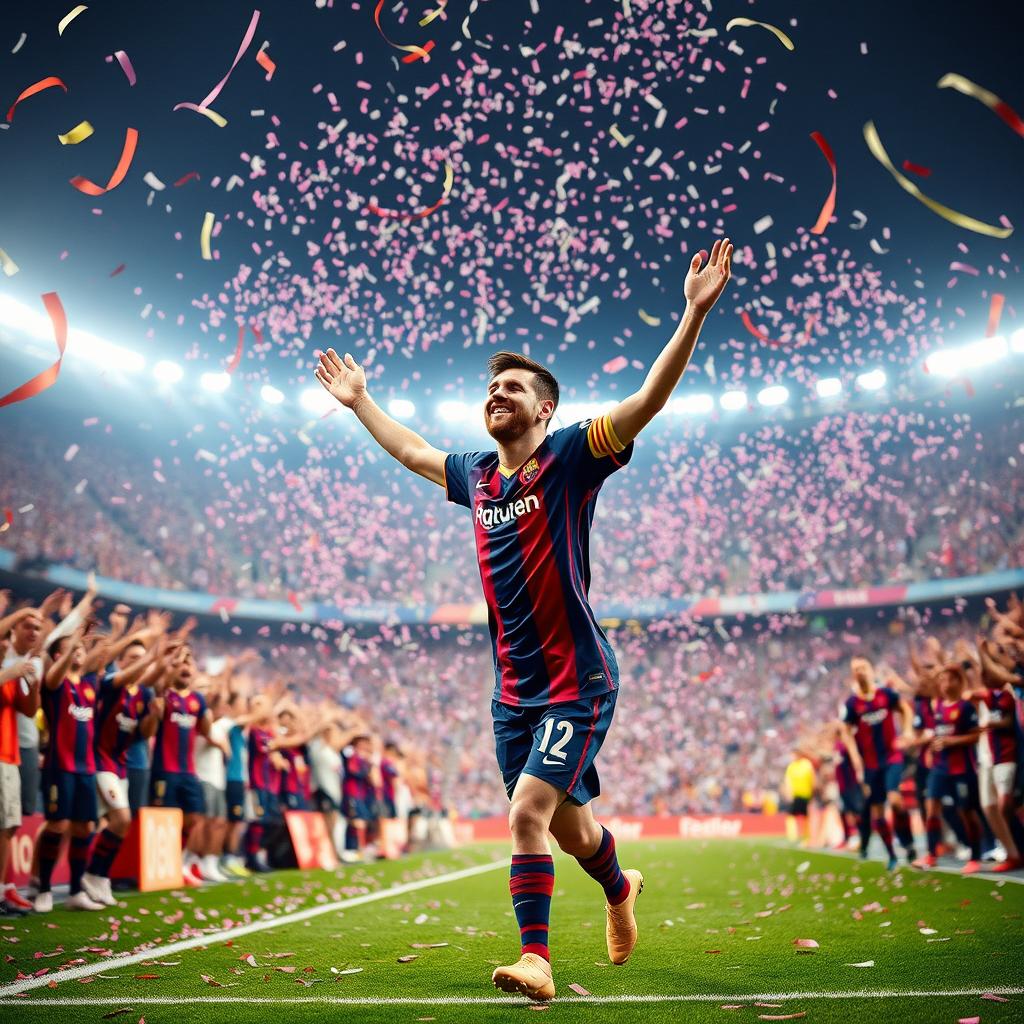 Lionel Messi celebrating a victory on a soccer field, filled with excitement and joy, surrounded by cheering fans, with confetti falling from the sky