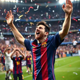 Lionel Messi celebrating a victory on a soccer field, filled with excitement and joy, surrounded by cheering fans, with confetti falling from the sky