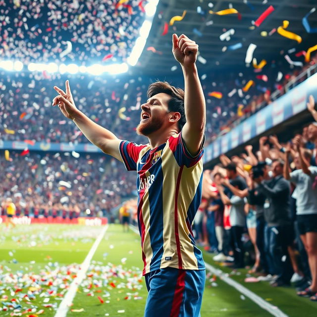 Lionel Messi celebrating a victory on a soccer field, filled with excitement and joy, surrounded by cheering fans, with confetti falling from the sky