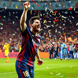 Lionel Messi celebrating a victory on a soccer field, filled with excitement and joy, surrounded by cheering fans, with confetti falling from the sky