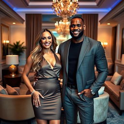 Alexis Texas and LeBron James standing together in a luxurious living room with elegant furnishings