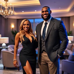 Alexis Texas and LeBron James standing together in a luxurious living room with elegant furnishings