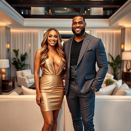 Alexis Texas and LeBron James standing together in a luxurious living room with elegant furnishings