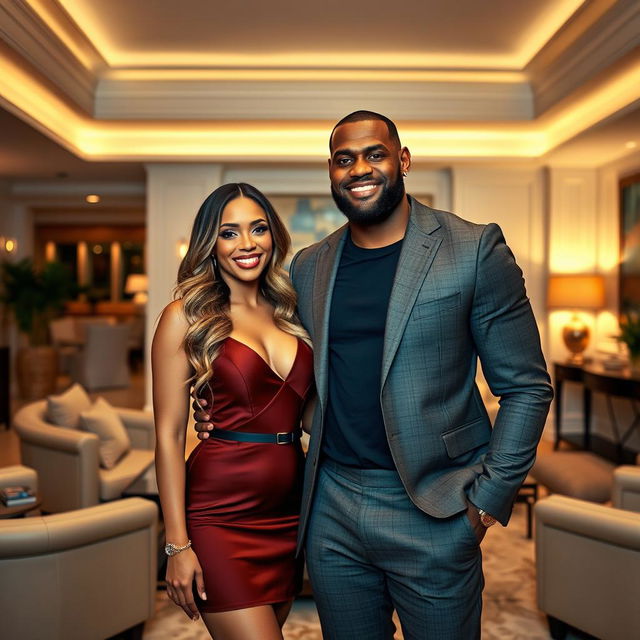 Alexis Texas and LeBron James standing together in a luxurious living room with elegant furnishings