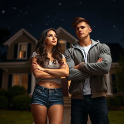 a college girl and a college jock standing in front of a house at night, both with arms crossed