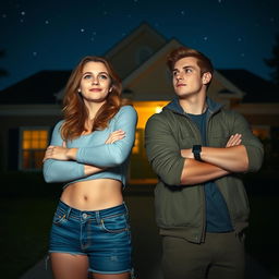 a college girl and a college jock standing in front of a house at night, both with arms crossed