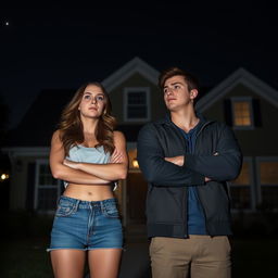 a college girl and a college jock standing in front of a house at night, both with arms crossed