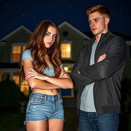 a college girl and a college jock standing in front of a house at night, both with arms crossed