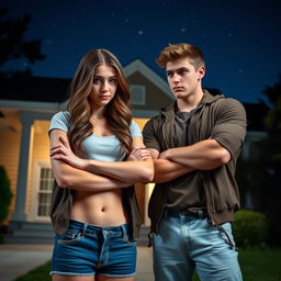 a college girl and a college jock standing in front of a house at night, both with arms crossed