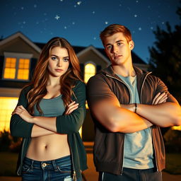 a college girl and a college jock standing in front of a house at night, both with arms crossed