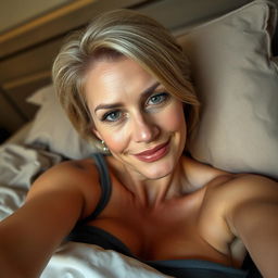 A sexy 45-year-old Croatian blonde woman with shorter hair, lying in bed and taking a selfie