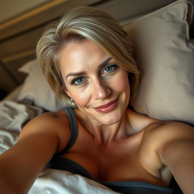 A sexy 45-year-old Croatian blonde woman with shorter hair, lying in bed and taking a selfie