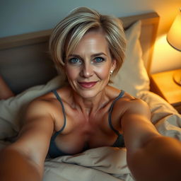 A sexy 45-year-old Croatian blonde woman with shorter hair, lying in bed and taking a selfie