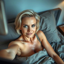 A sexy 45-year-old Croatian blonde woman with shorter hair, lying in bed and taking a selfie