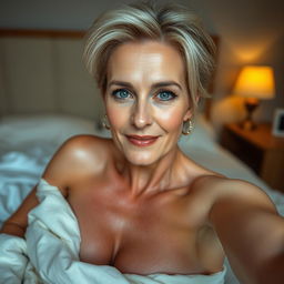 A sexy 45-year-old Croatian blonde woman with shorter hair, lying in bed and taking a selfie