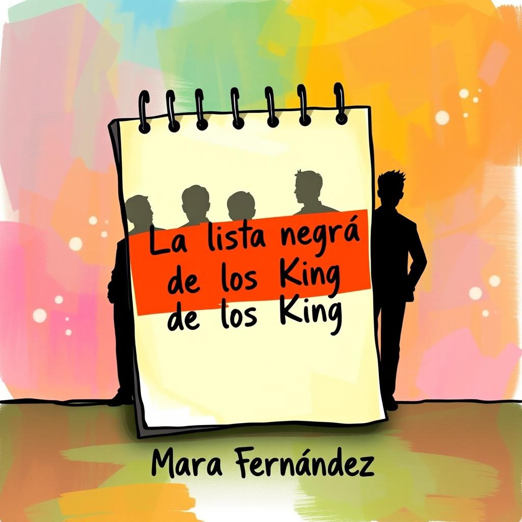 A vibrant and animated book cover featuring a blank note as the title space, where "La lista negra de los King" will be written