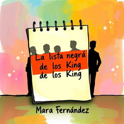 A vibrant and animated book cover featuring a blank note as the title space, where "La lista negra de los King" will be written