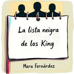 A vibrant and animated book cover featuring a blank note as the title space, where "La lista negra de los King" will be written