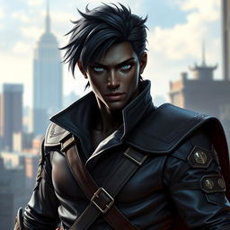 A striking portrait of an 18-year-old male rogue with deep black skin, sleek black hair, and piercing blue eyes