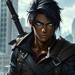 A striking portrait of an 18-year-old male rogue with deep black skin, sleek black hair, and piercing blue eyes