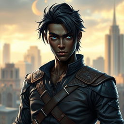 A striking portrait of an 18-year-old male rogue with deep black skin, sleek black hair, and piercing blue eyes