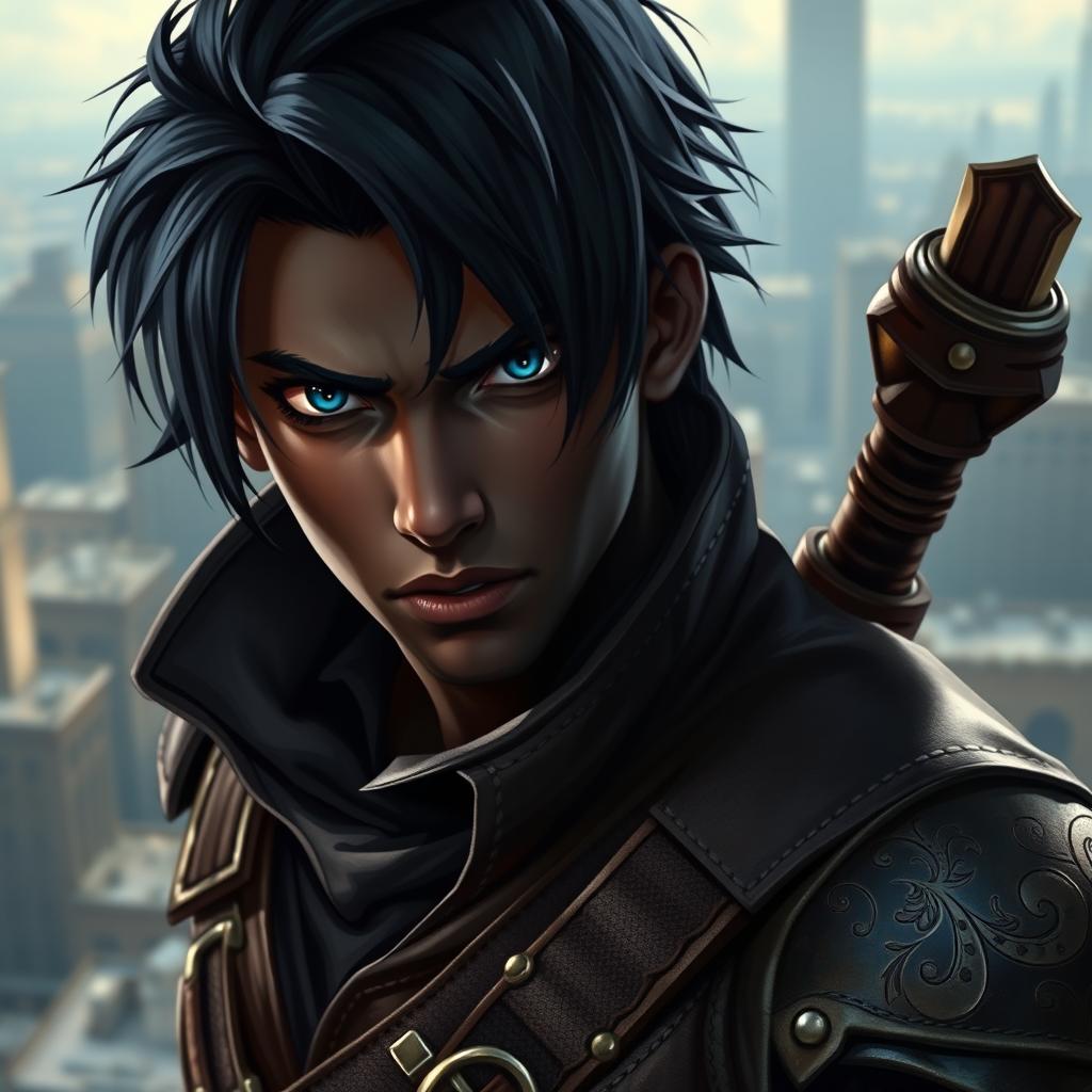 A striking portrait of an 18-year-old male rogue with deep black skin, sleek black hair, and piercing blue eyes