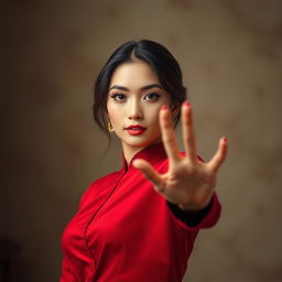 A stunning Asian woman with captivating features, dressed in an elegant red outfit