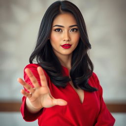 A stunning Asian woman with captivating features, dressed in an elegant red outfit
