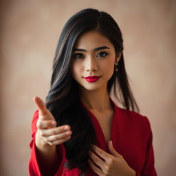 A stunning Asian woman with captivating features, dressed in an elegant red outfit