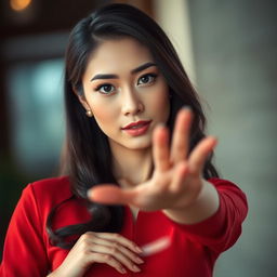 A stunning Asian woman with captivating features, dressed in an elegant red outfit