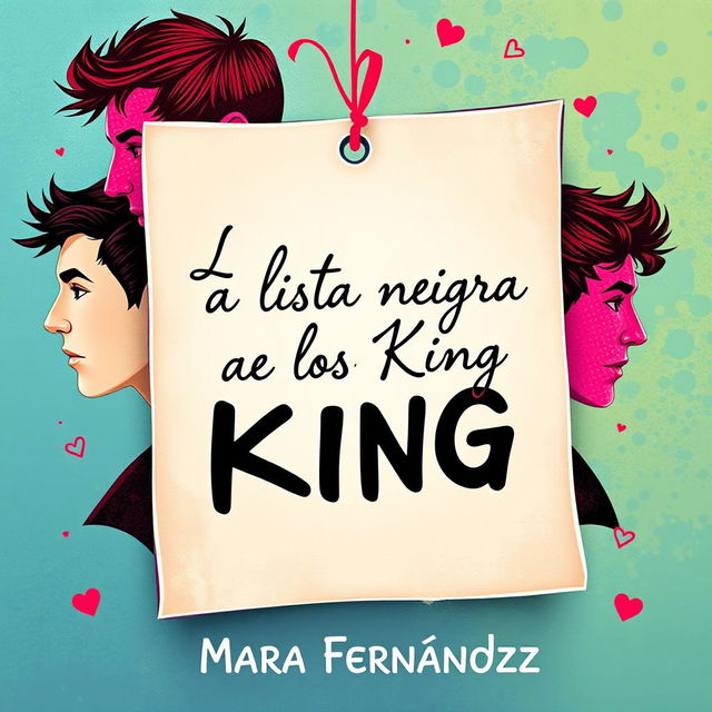 A vibrant and animated cover for a romantic novel, featuring a prominent blank note where the title "La lista negra de los King" is elegantly written