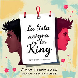 A vibrant and animated cover for a romantic novel, featuring a prominent blank note where the title "La lista negra de los King" is elegantly written