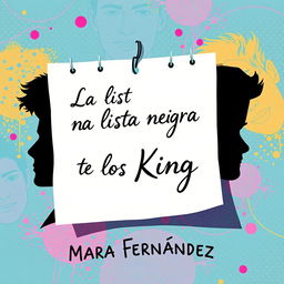 A vibrant and animated cover for a romantic novel, featuring a prominent blank note where the title "La lista negra de los King" is elegantly written