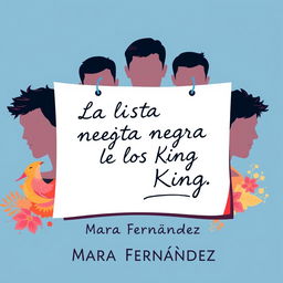 A vibrant and animated cover for a romantic novel, featuring a prominent blank note where the title "La lista negra de los King" is elegantly written