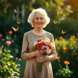 An elderly woman standing confidently, holding a bouquet of flowers, wearing a tasteful vintage dress with lace details