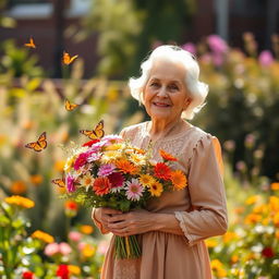 An elderly woman standing confidently, holding a bouquet of flowers, wearing a tasteful vintage dress with lace details