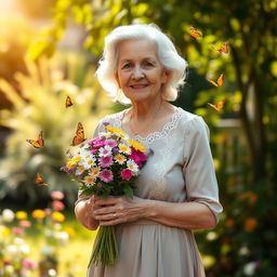 An elderly woman standing confidently, holding a bouquet of flowers, wearing a tasteful vintage dress with lace details