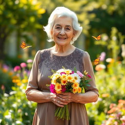 An elderly woman standing confidently, holding a bouquet of flowers, wearing a tasteful vintage dress with lace details