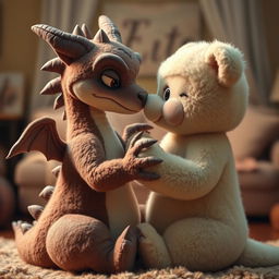 a female dragon and a female bear engaging in a sensual embrace, with soft and fluffy fur textures, in a gentle scissor position in a cozy back room